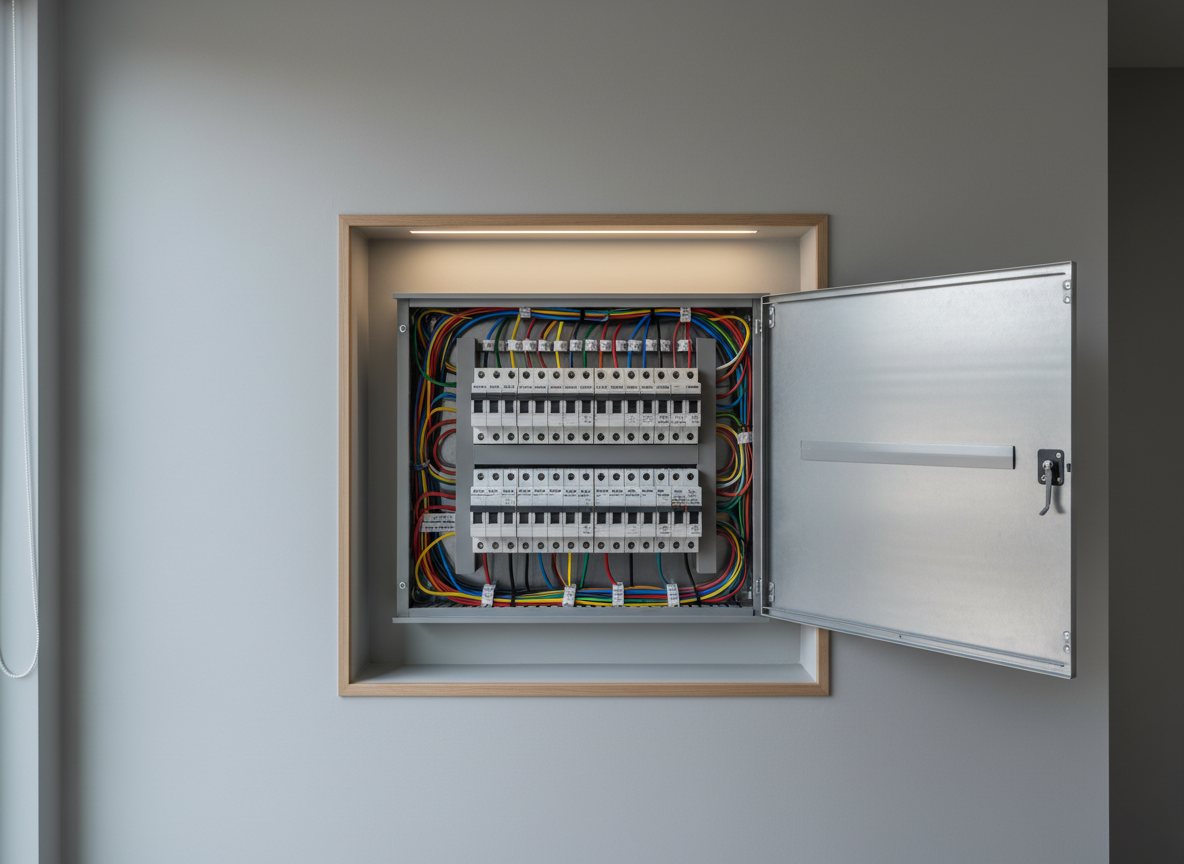 A contemporary residential electrical panel cabinet constructed with smooth brushed steel, featuring tightly arranged color-coded wires and clearly labeled breakers. The cabinet is mounted flush against a pristine, matte grey interior wall, surrounded by subtle architectural accents. Cool, diffused daylight streams in from an unseen window to the left, highlighting the clean lines and metallic textures while casting gentle, controlled shadows. The camera is positioned straight on with a slight elevation, creating a balanced and symmetrical composition that feels orderly and professional. The image exudes reliability and organization, adhering to a photographic realism style with a clean, modern, corporate aesthetic, perfectly suited for a quality-focused residential electrician business.