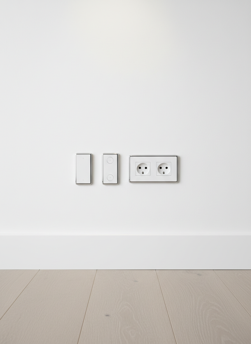 A minimalist set of premium electrical outlets and smart switches installed on a crisp white wall, surrounded by immaculate baseboards and neutral-toned hardwood flooring. The fixtures have a flawless matte finish and expertly aligned edges, with subtle chrome accents catching the light. Soft, even artificial lighting illuminates the scene, reducing harsh contrasts and emphasizing the structured, balanced composition. Shot at an eye-level angle, the image maintains clarity across the entire frame, giving a sense of sophistication and assured quality. The mood is calm, clean, and professional, embodying structured modernism in a setting that speaks to elevated standards in residential electrical services.